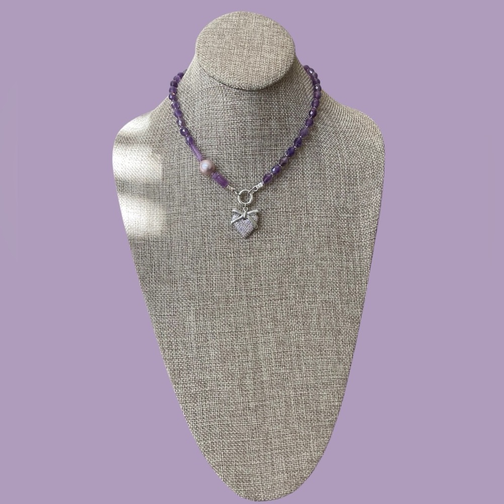 The Amelia Necklace: Faceted hand-knotted Amethyst Lavender Pearl Pavé Pendant